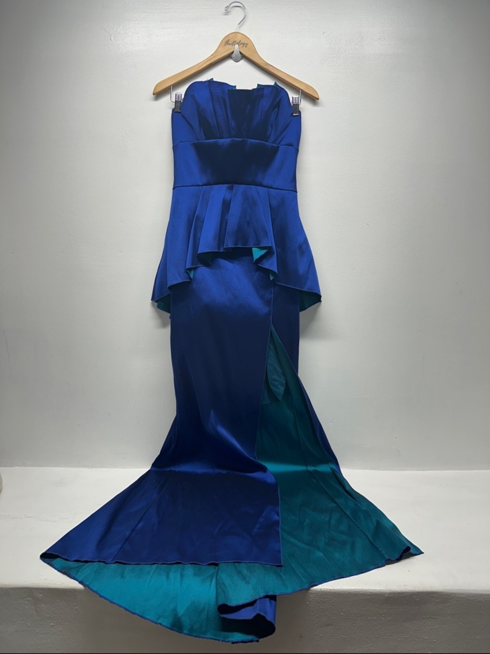Rene Ruiz Strapless Gown Dress Ruffle Column Thigh High Slit Blue Teal Size 2